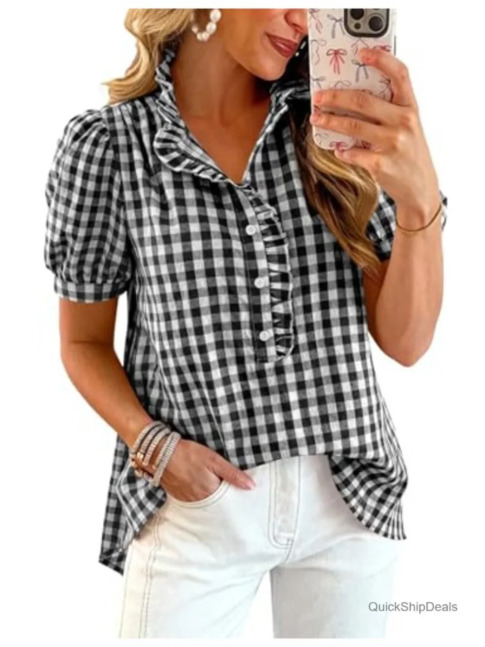 Puff Short Sleeve V Neck Ruffle Button Down Shirt Blouse